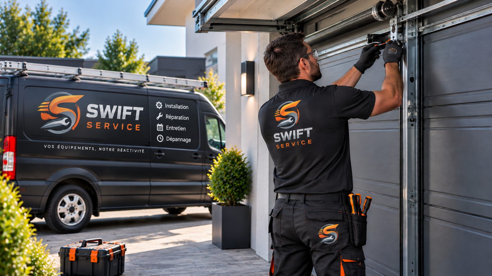 Technicien Swift Services en intervention sur une porte de garage sectionnelle